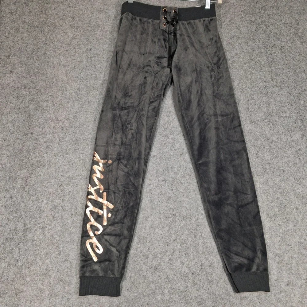 Justice Joggers Girls 14/16 Gray Velour Lace Up Activewear Rose‎ Gold Logo 0455